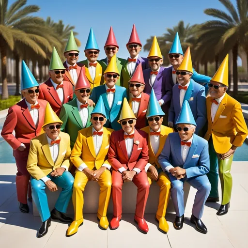 Prompt: Create a statue of a group of 9 colorful friendly men dressed as clowns more than 60 years of age huddled together in camaraderie