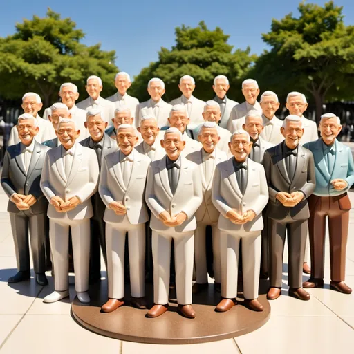 Prompt: Create a statue of exactly 12 male clowns over 60 years of age grouped together in camaraderie