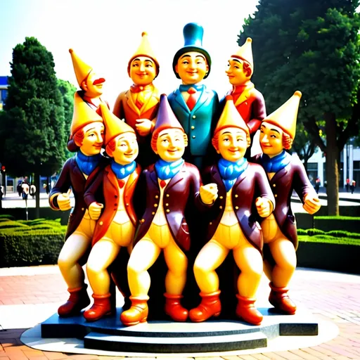 Prompt: Statue of twelve friendly clowns