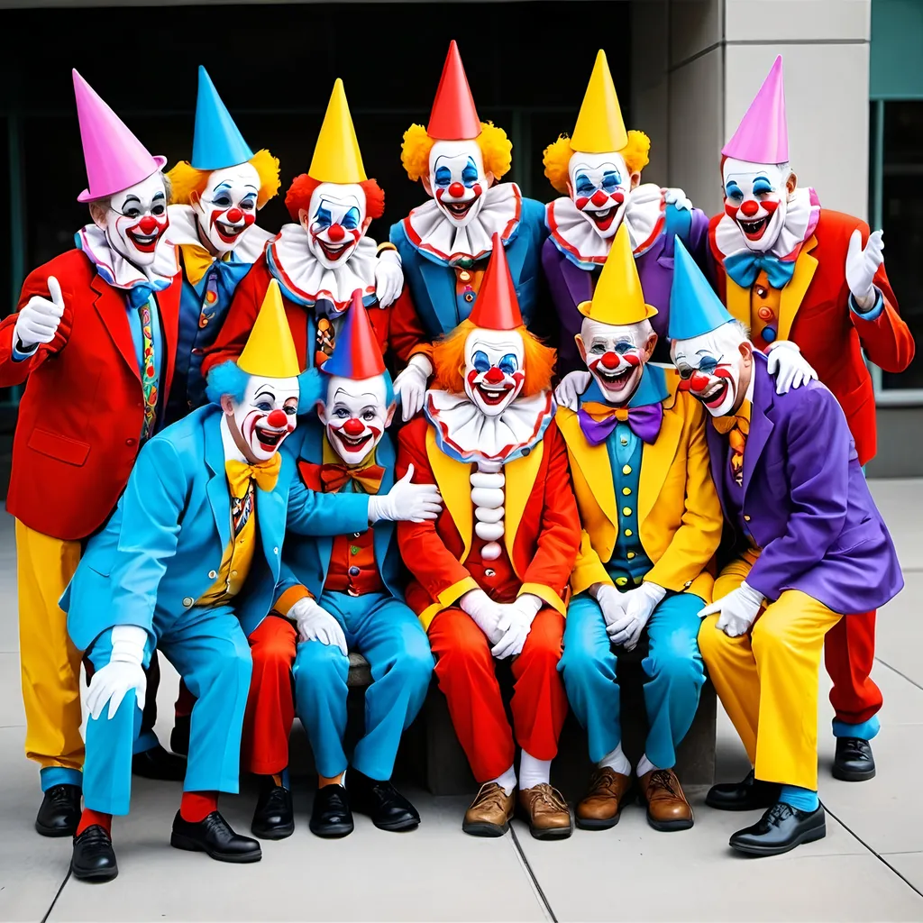 Prompt: Create a Statue of 10 friendly 65 years old men in clown costumes huddled in camaraderie 