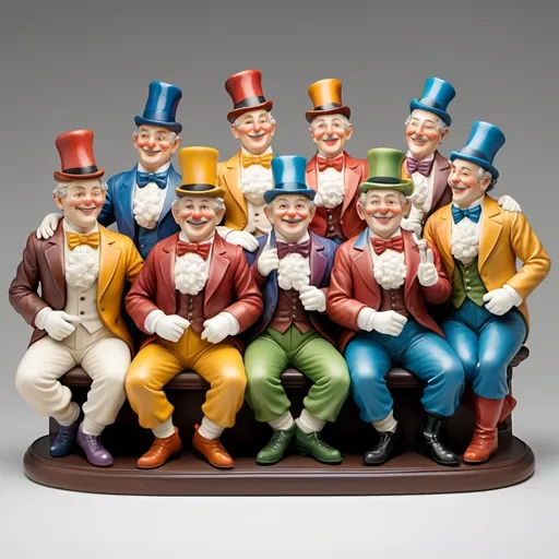 Prompt: Create a statue of 12 relatively lifelike friendly colorful male clowns more than 65 years of age grouped together in a pose of camaraderie 