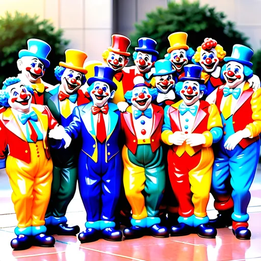 Prompt: Create a Statue of 10 older clowns huddled in camaraderie 