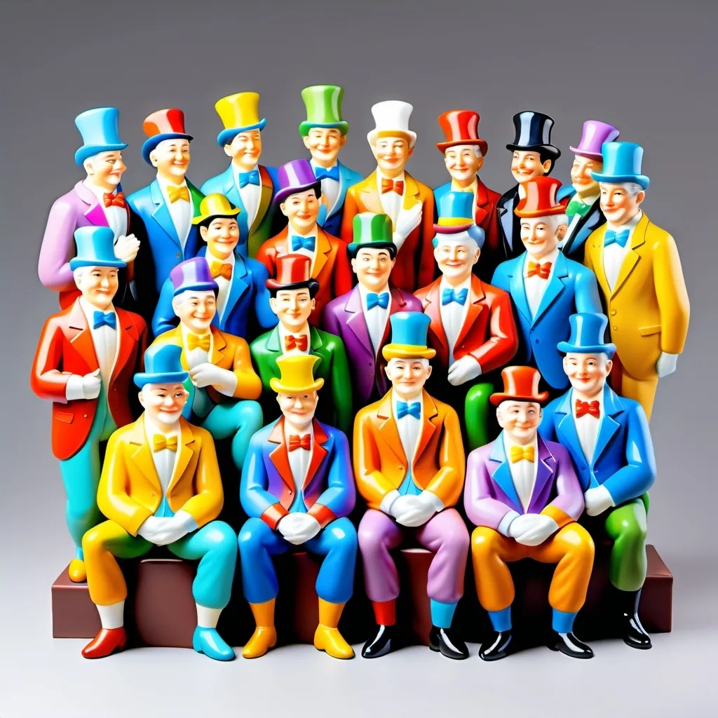 Prompt: Create a statue of 12 friendly colorful male clowns more than 65 years of age grouped together in a pose of camaraderie with various types of hats and clothing