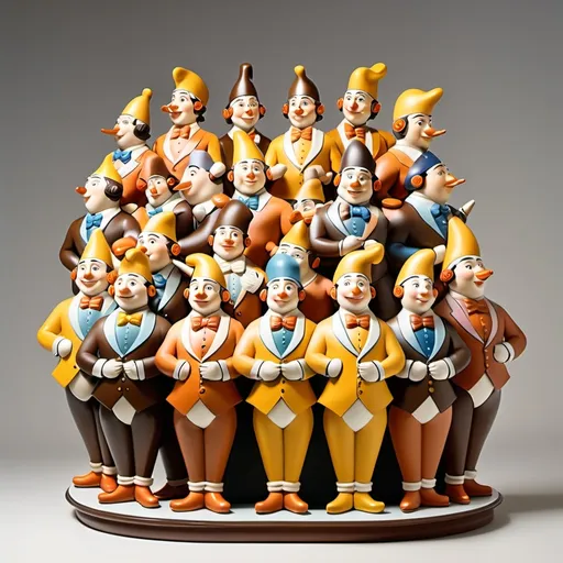 Prompt: Create a statue of exactly 12 male clowns grouped together