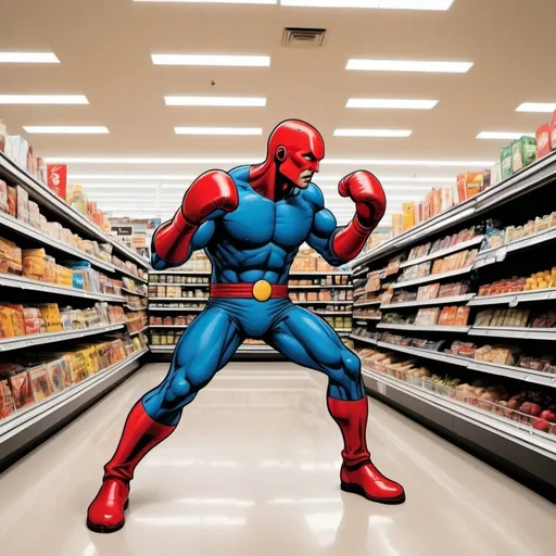 Prompt: the ultimate knock out in the grocery store in the style of a comic book