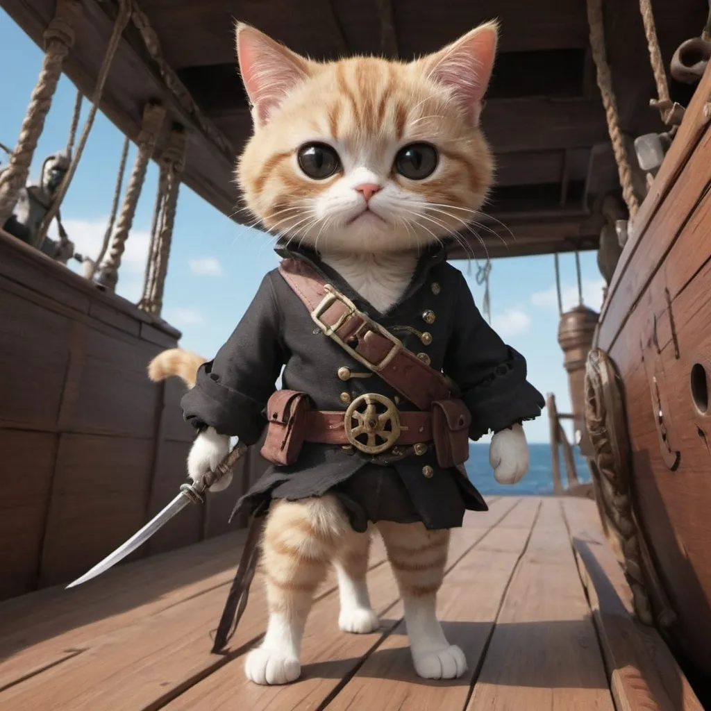 Prompt: Anime cat walking on a pirate ship with a black eye patch looking mean with a wooden leg 