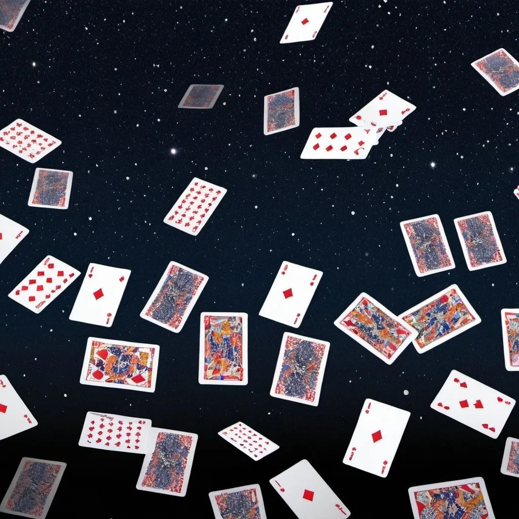 Prompt: Please make the image with this description of image: "A dark, starry sky with scattered trump cards floating in the air. Each card features a different typical name found in the USA, written in bold letters. The cards are varied in color and design, standing out against the dark, starry sky. Examples of names on the cards include John, Emily, Michael, Jessica, David, Ashley, Christopher, and Sarah."