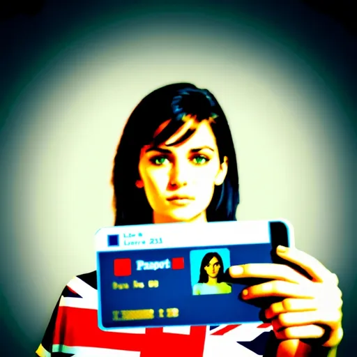 Prompt: Create a selfie portrait of a black haired woman. She should be holding a UK drivers license next to her face in her hand. The photo should have the top of her shoulders in the image and a simple background. The photo should look as realistic as possible, with natural lighting. The photo should be a similar style to a passport photo.