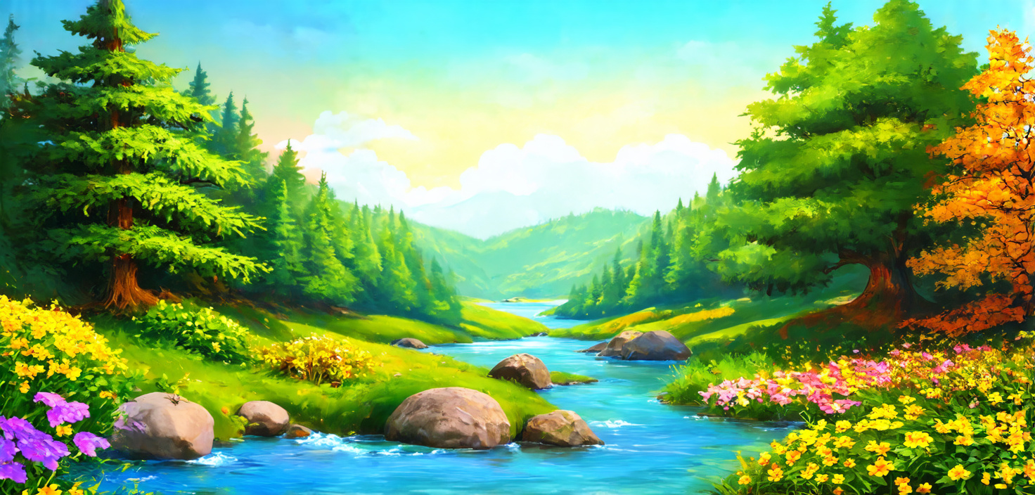 Prompt: banner of seasons in order with plants and a river digital art