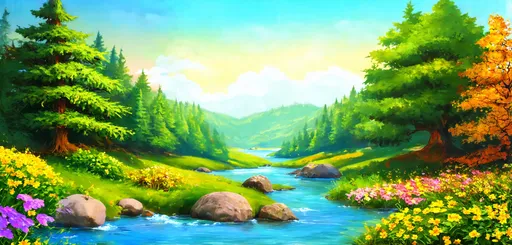 Prompt: banner of seasons in order with plants and a river digital art