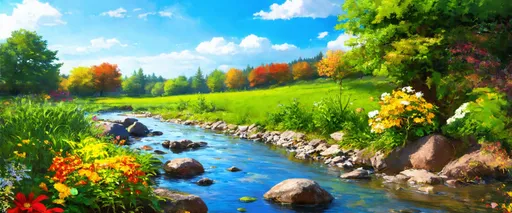 Prompt: banner of seasons in order with plants and a river digital art