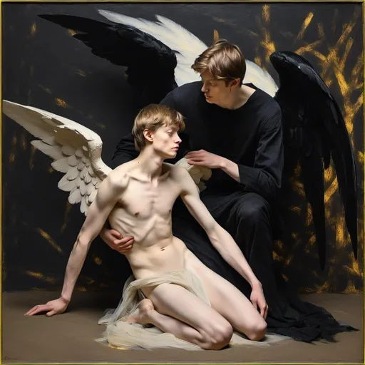 Prompt: <mymodel> (impressionist painting), (visible brush strokes), (male angel with black wings carrying a fainted boy), soft glow illuminating dark background, very romantic and magical vibe