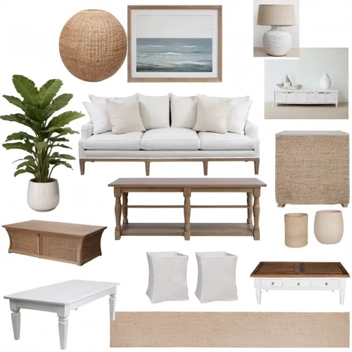 Prompt: Hamptons style mood board of  timber coffee table, slipcovered sofa, white sideboard
