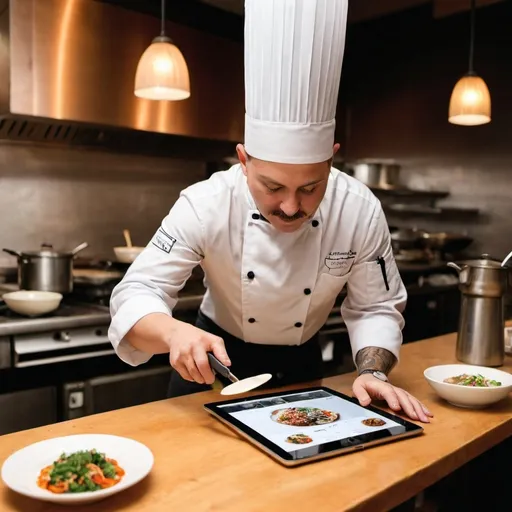 Prompt: a chef cooking in restaurant with an ipad on the table
