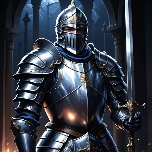 Prompt: tarot card Anime illustration, a male knight in heavy plate armor with dark blue undertones, dramatic lighting