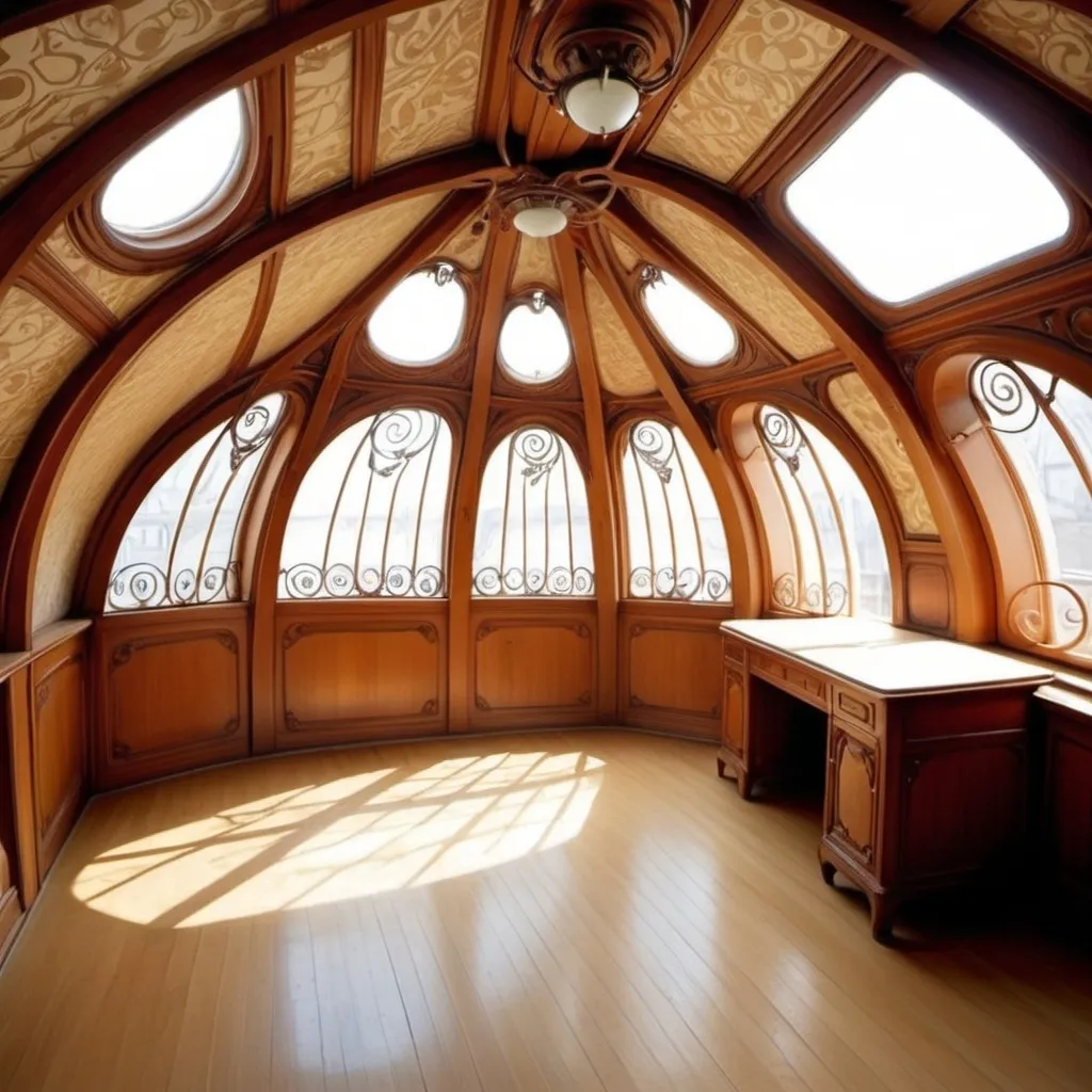 Prompt: Victor Horta style art nouveau attic interior