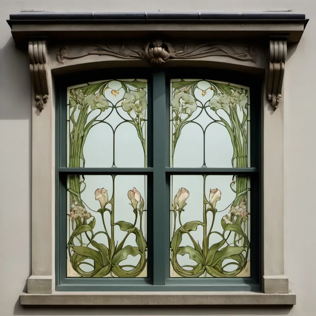 Prompt: Art nouveau windows for upper and lower panes incorporating botanical art