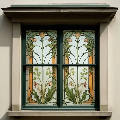 Prompt: Art nouveau windows for upper and lower panes incorporating botanical art