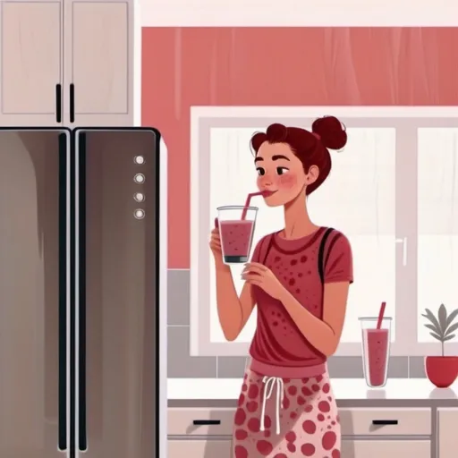 Prompt: An illustration of a woman drinking a smoothie in the kitchen looking happy, digital art, detailed expression, upright posture, detailed kitchen background with modern appliances, warm and muted color tones, soft lighting, somber and weary atmosphere, high resolution, cinematic quality, ultra-detailed, 4K.