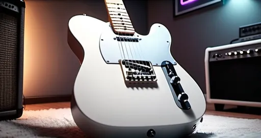 Prompt: create a image that includes a white fender telecaster guitar  in a darl bedrom withe led lights
