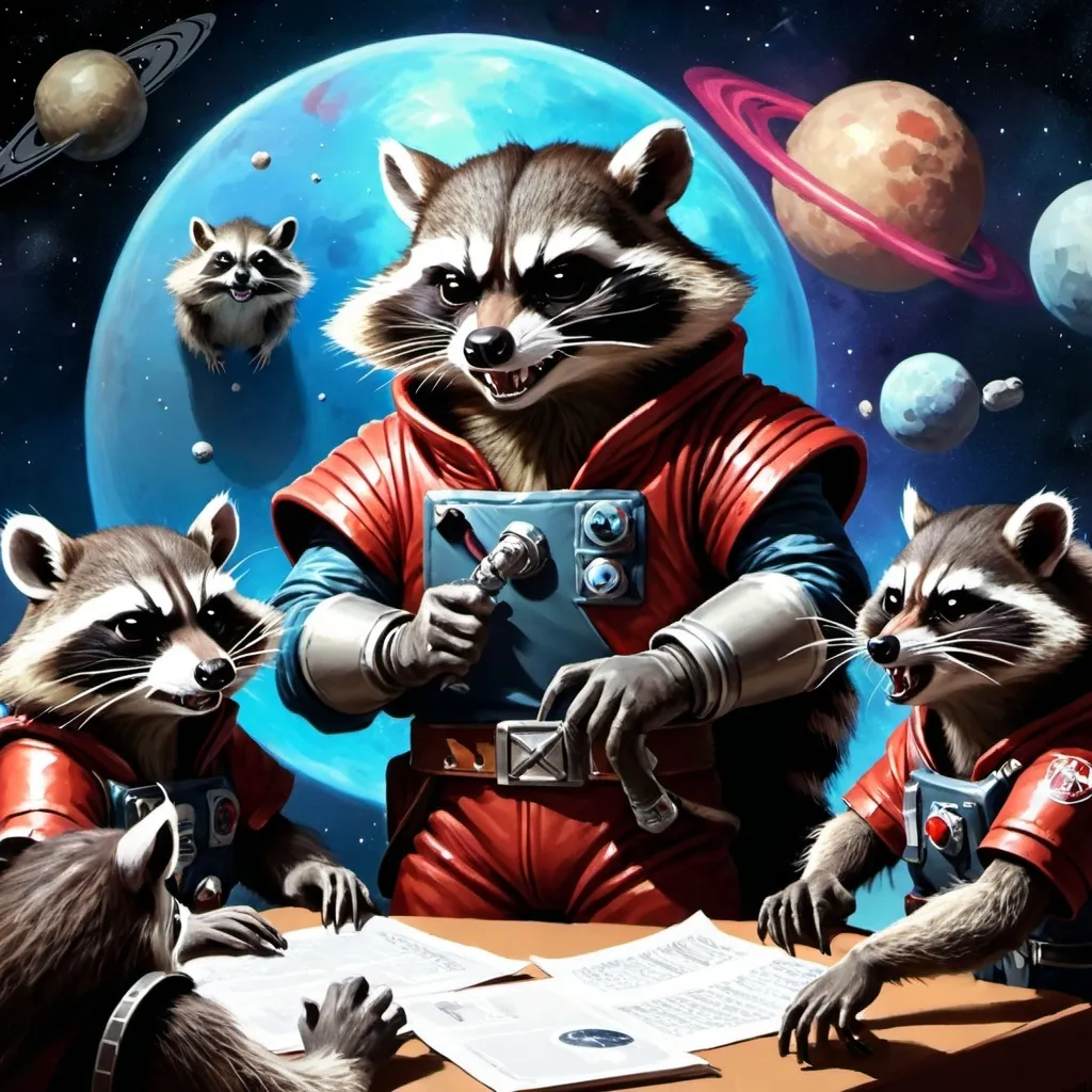 Prompt: Angry racoons in space playing d&d