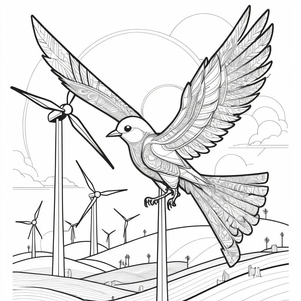 Prompt: B&W coloring book page, a bird and a windturbine, line art, solid white background