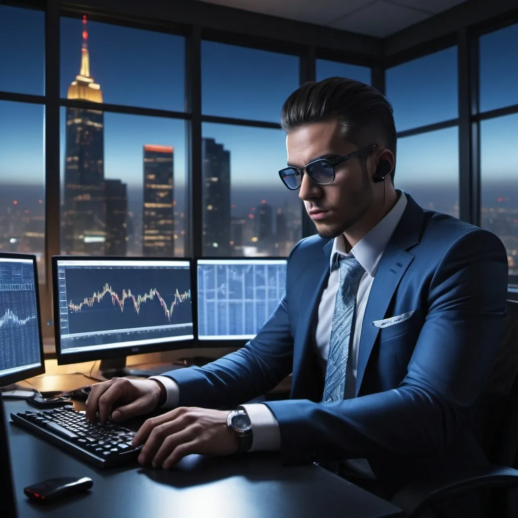 Prompt: (forex trader), sitting at desk, computer monitor displaying financial charts, handgun placed beside keyboard, tense expression, rap star attire, dimly lit office, glowing screen illumination, dramatic shadows, cool blue tones, contrasting warm highlights, high-stakes atmosphere, ultra-detailed, 4K resolution, cinematic composition, depth of field, hyper-realistic rendering, intense mood, sleek modern office decor, city skyline visible through window, late night ambiance, reflections on glossy surfaces, photorealistic style