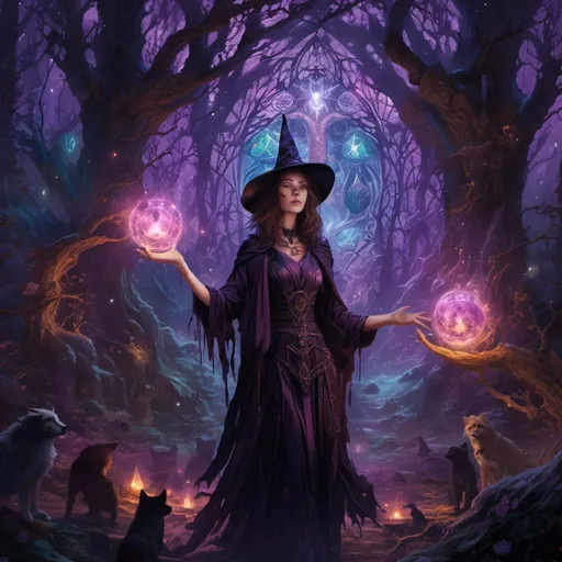 Prompt: A (witch being a witch) in <mymodel> artstyle, surrounded by a mystical forest, magical auras, spell-casting, enchanted items, ancient trees, brilliant glowing moons, mystical symbols, vibrant hues accentuated in purples and blacks, deep shadows, eerie atmosphere, enchantment-filled ambiance, high depth cinematic masterpiece, ultra-detailed, 4K, high quality, magical scenery, intricate details, ethereal lighting, immersive fantasy background.