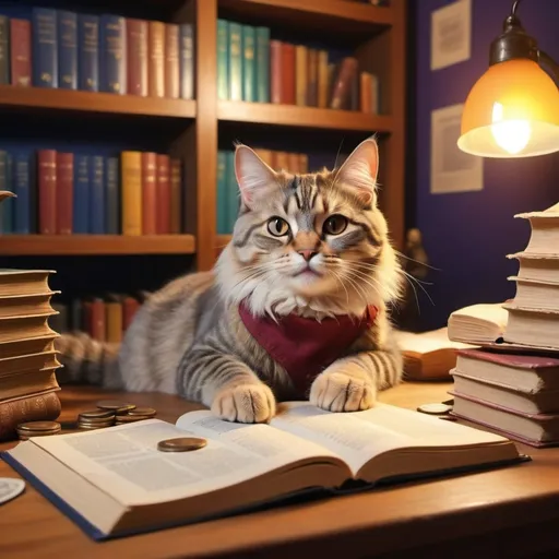 Prompt: (cat translating and earning money), ultra-detailed, photorealistic, vibrant colors with high saturation, cinematic masterpiece, cheerful and dynamic atmosphere, (bright and warm lighting), cluttered desk with papers and coins, (bookshelves in the background filled with dictionaries and literature), cozy indoor setting, a diligent and happy expression on the cat’s face, HD, 4K.