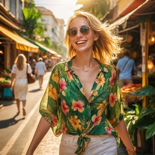 Prompt: (blond woman happy traveling), vibrant colors, joyful atmosphere, tropical environment, city streets with bustling markets and cafes in the background, golden sunlight, warm tone, lush greenery, stylish outfits, luxury items, carefree expression, detailed surroundings, photorealistic, ultra-detailed, 4K, holiday adventure, confident pose, feeling of endless wealth and freedom