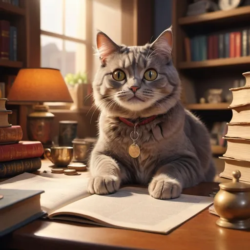 Prompt: (cat translating and earning money), ultra-detailed, photorealistic, vibrant colors with high saturation, cinematic masterpiece, cheerful and dynamic atmosphere, (bright and warm lighting), cluttered desk with papers and coins, (bookshelves in the background filled with dictionaries and literature), cozy indoor setting, a diligent and happy expression on the cat’s face, HD, 4K.