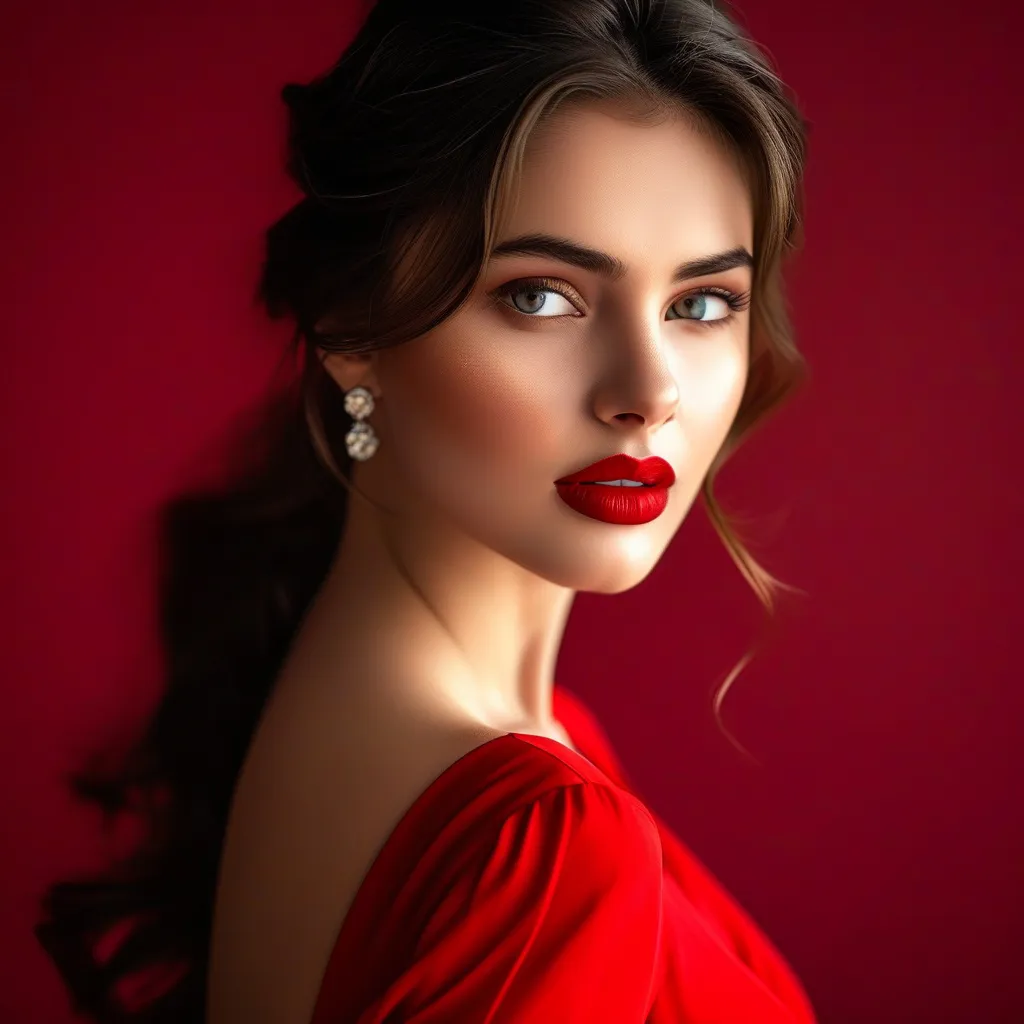 Prompt: (beautiful woman), wearing a (red dress), photorealistic, high detail, 4K, dramatic lighting, warm tones, glowing highlights, sophisticated and elegant, gentle expression, (HD), high fashion, studio lighting, glossy finish, slightly blurred background, elegant backdrop, cinematic quality, professional photoshoot ambiance, meticulous composition, ultra-detailed fabric and texture, emphasis on contrast and depth, award-winning photography.