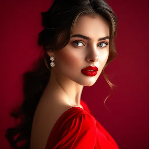 Prompt: (beautiful woman), wearing a (red dress), photorealistic, high detail, 4K, dramatic lighting, warm tones, glowing highlights, sophisticated and elegant, gentle expression, (HD), high fashion, studio lighting, glossy finish, slightly blurred background, elegant backdrop, cinematic quality, professional photoshoot ambiance, meticulous composition, ultra-detailed fabric and texture, emphasis on contrast and depth, award-winning photography.