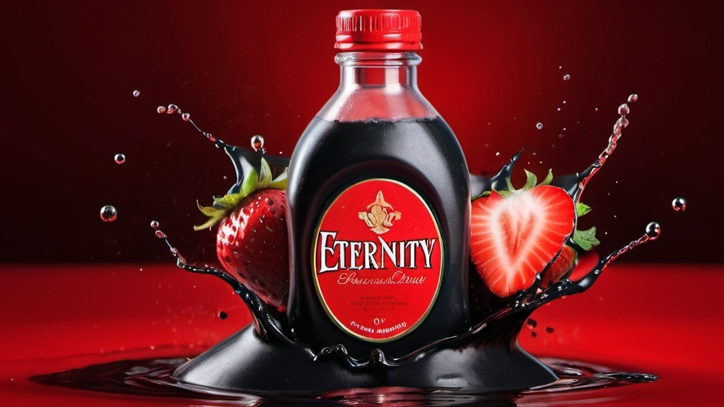 Prompt: a bottle of eternity drink is surrounded by black powder on a red background with a splash of water on the bottom, Dorothy strawberry, photorealism, photorealistic imagery, a 3D render