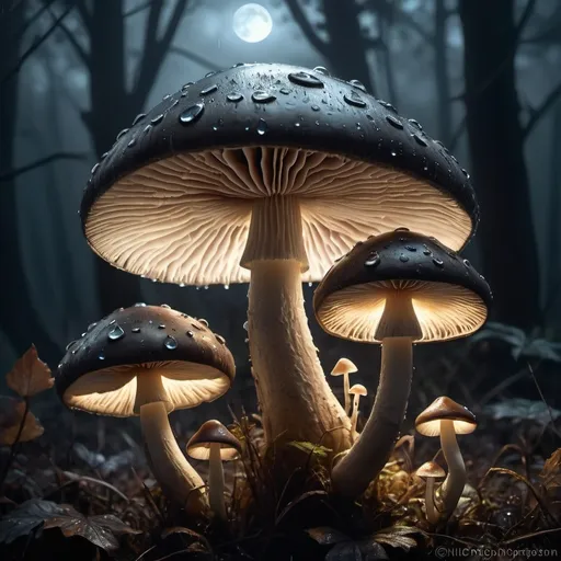 Prompt: (glowing mushrooms) kissed by the rain under a full moon, artstyle-steampunk, dark color scheme, fog, misty atmosphere, intricate details on mushrooms, metallic elements, Victorian-inspired, dimly lit with glowing highlights, low-lying dense fog, night-time setting, reflective raindrops, mystical and eerie mood, shadows cast by the moonlight, forest background, deep blacks and silvers, ultra-detailed, 4K.