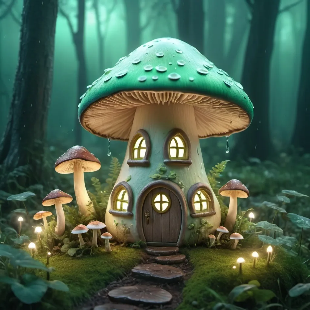 Prompt: (mushroom fairy house), pastel green background, rain lightly falling, fog, mystical atmosphere, soft glow, enchanted forest, magical, dreamy, high depth cinematic colors, intricate details, lush foliage, charming details, ultra-detailed, ethereal lighting, high-quality, 4K texture, serene and peaceful ambiance, soft shadows, whimsy