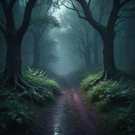 Prompt: (thick rainy, foggy forest, a dirt path), misc-gothic style, vibrant colors, dark and gloomy atmosphere, mysterious and eerie, shadows and mist, moonlight filtering through trees, deep greens, rich purples, dark blues, ultra-detailed, 4K, high depth cinematic masterpiece, fantasy elements, dramatic lighting, haunting ambience, intricate forest details, twisted trees and vegetation, photorealistic environment