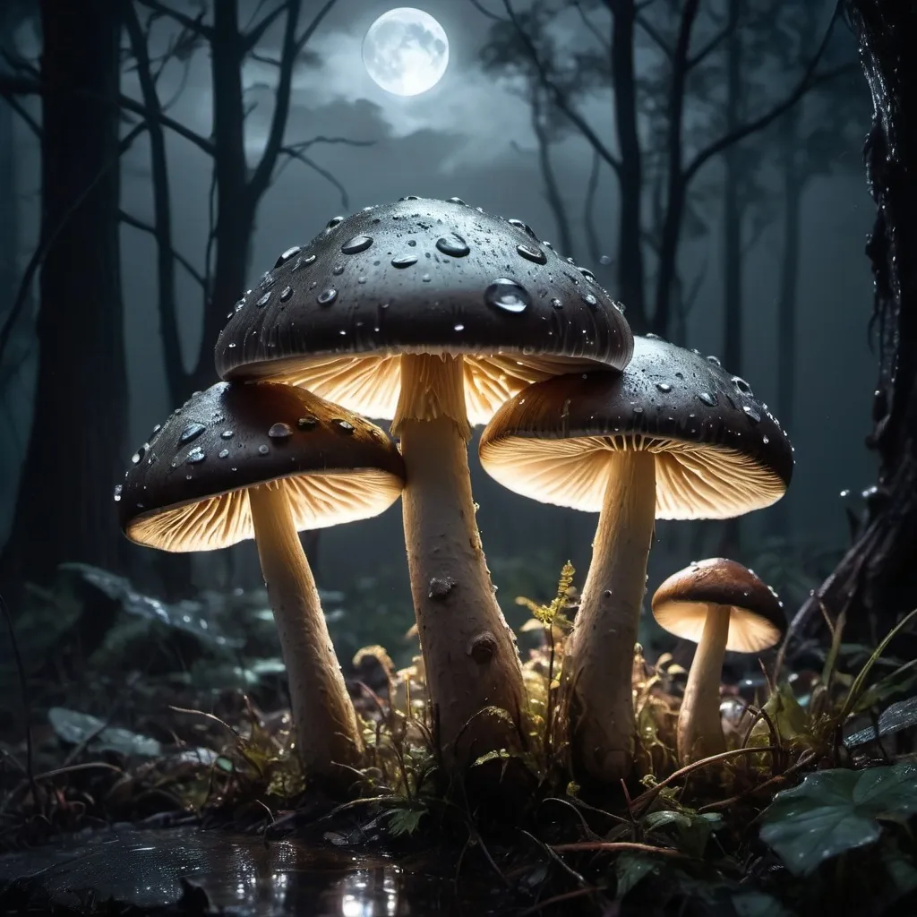 Prompt: (glowing mushrooms) kissed by the rain under a full moon, artstyle-steampunk, dark color scheme, fog, misty atmosphere, intricate details on mushrooms, metallic elements, Victorian-inspired, dimly lit with glowing highlights, low-lying dense fog, night-time setting, reflective raindrops, mystical and eerie mood, shadows cast by the moonlight, forest background, deep blacks and silvers, ultra-detailed, 4K.