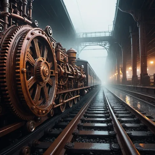 Prompt: (steampunk gears), train tracks, fog, rain, whisps, artstyle-steampunk, vibrant color scheme, atmospheric, intricate mechanical details, metallic textures, glowing lights, vibrant rust, deep bronze tones, darkened edges, misty ambiance, high contrast, dramatic lighting, bustling, energetic atmosphere, ultra-detailed, 4K, cinematic depth, high-quality, intricate background with intertwining gears and pipes, complex machinery in the fog, rain-soaked surfaces, industrial environment.