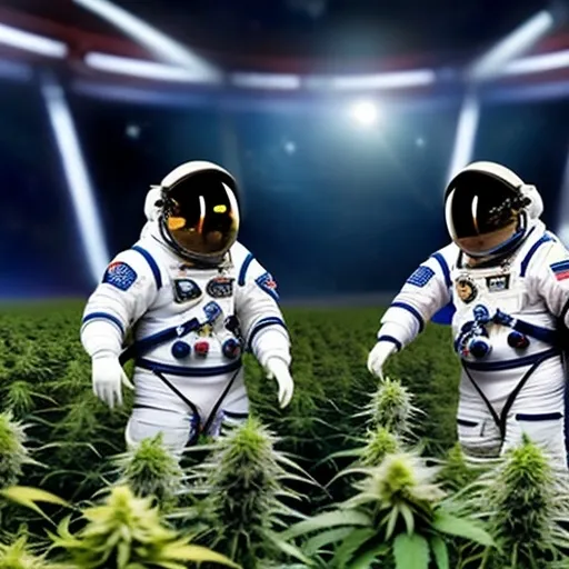 Prompt: Two astronauts fighting over cannabis plant, HD, field of cannabis plants in background 