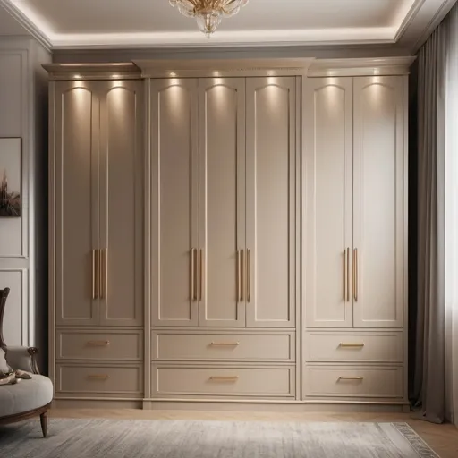 Prompt: Built in wardrobe with 6 grooved doors, moulding and gold handles. 2.4 metrea tall and 2.1 metres wide. 