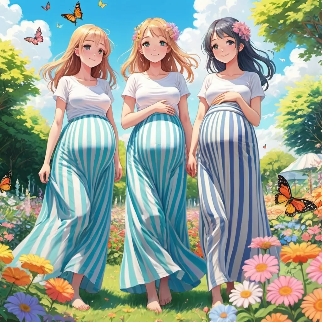 Prompt: Many pregnant anime girls wearing maxi long vertical striped skirts.