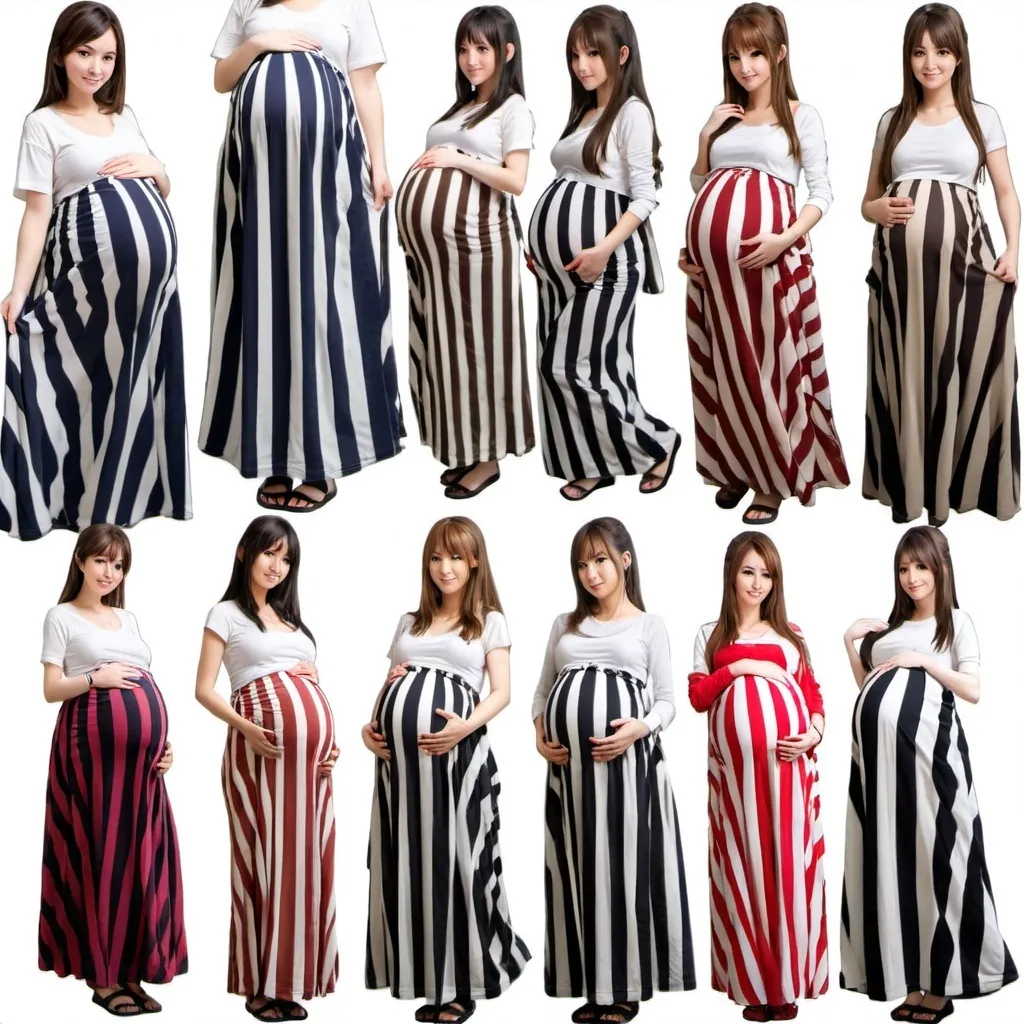 Prompt: Many pregnant anime girls wearing maxi long vertical striped skirts.