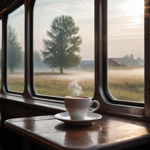 Prompt: (view from a train window), a steaming cup of coffee on a rustic wooden table, soft morning light filtering through the glass, industrial landscapes passing by, cold ambiance, calm atmosphere, high detail, ultra HD, serene and tranquil scene, reflections on the window glass, foreboding fog outside.