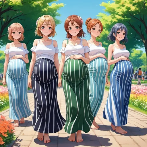 Prompt: Many pregnant anime girls wearing maxi long vertical striped skirts.