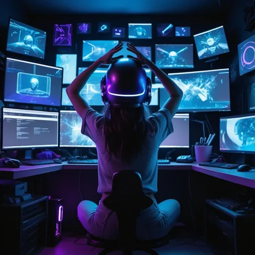 Prompt: A girl using a 3d helmet prototype, sit in her room full of computers and screens, moving her arms in the air and the light of the screen lighting is face.