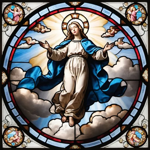 Prompt: create a stained-glass image of the assumption of Mary to heaven
