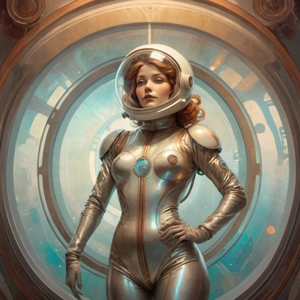 Prompt: a woman in a space suit standing in a round window with a helmet on her head and a body suit on, Eve Ryder, retrofuturism, promotional image, a hologram