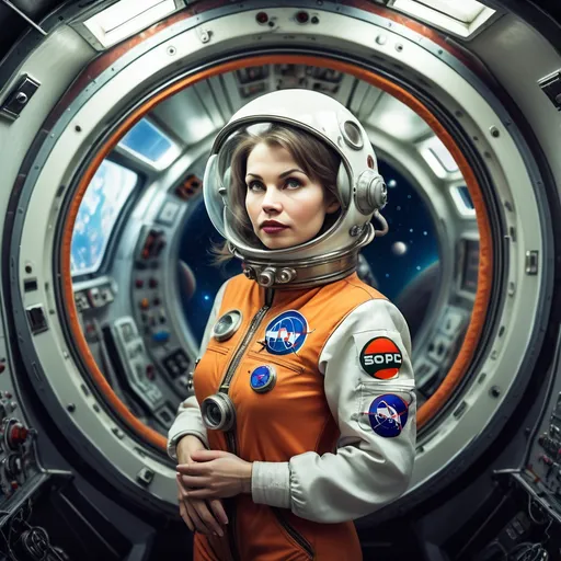 Prompt: woman on a spaceship soyuz old sviet style, science-fiction, pulp style, high definition photography