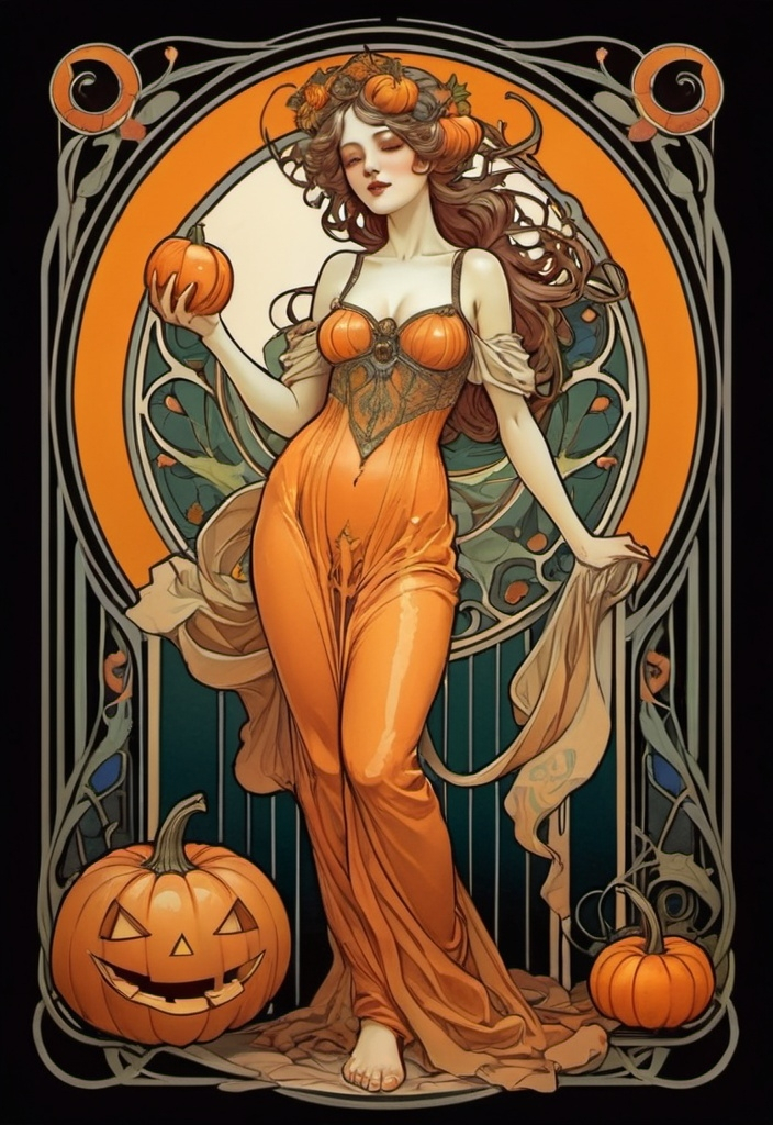 Prompt: Alphonse Mucha Style, art nouveau illustration of a full body woman, thick lines, intricate details, beautiful colors  , holding Halloween pumpkin